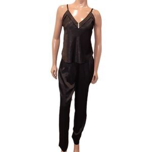 💠Vintage 2Pc Pantsuit Formal Satin Rhinestone Sleeveless Tank Top High Waist